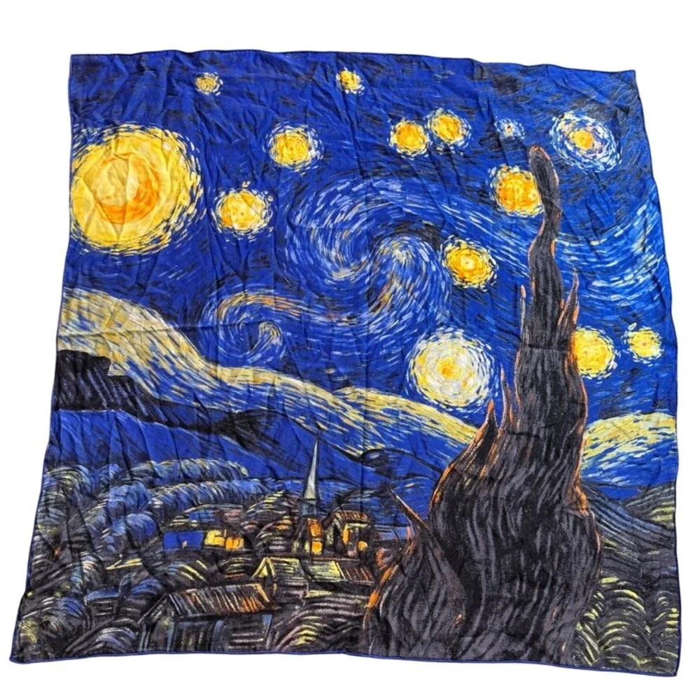 The Starry Night Silk Scarf Blue Yellow Art Print Square Neck Scarf 33in